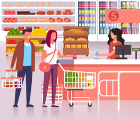 People waiting in line to cash in supermarket store. Vector flat cartoon graphic design illustration