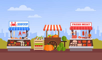 Street food market vegetable fruits meat and fish. Vector flat cartoon graphic design illustration