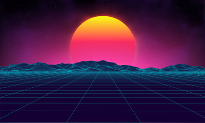 Retro background futuristic landscape 1980s style. Digital retro landscape cyber surface. Retro music album cover template sun, space, mountains . 80s Retro Sci-Fi Background Summer Landscape.
