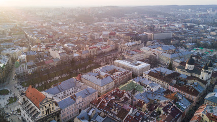 Fototapeta premium Top view from of the city hall on houses in Lviv, Ukraine. Lviv old town from above.