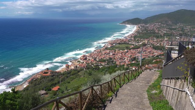 Panoramic view of the Cilento coastline from Castellabate. Campania, Italy.