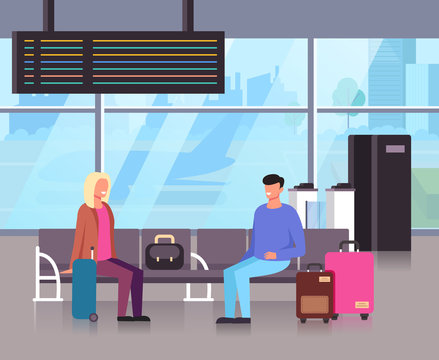 People passengers characters waiting airplane arriving. Travel tourism trip concept. Vector flat cartoon graphic design illustration