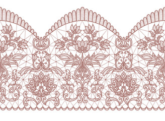 Horizontally seamless white background and brown lace ribbon with floral pattern