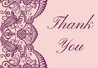 Thank you card with red lace border on pink background