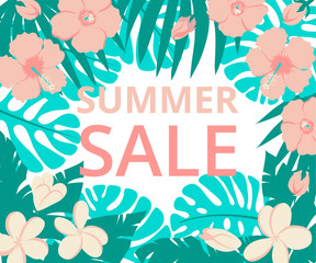 Fototapeta na wymiar Summer sale banner with palm leaves and tropical flowers