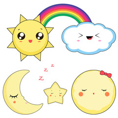 Kawaii weather cute characters isolated on white background