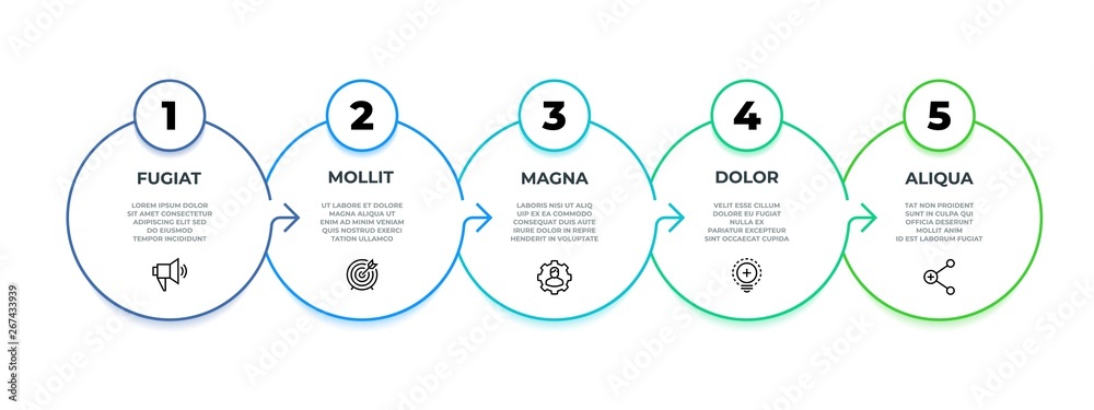Aufkleber process flow infographic. 5 steps graphic diagram, circle line business presentation template. vecto