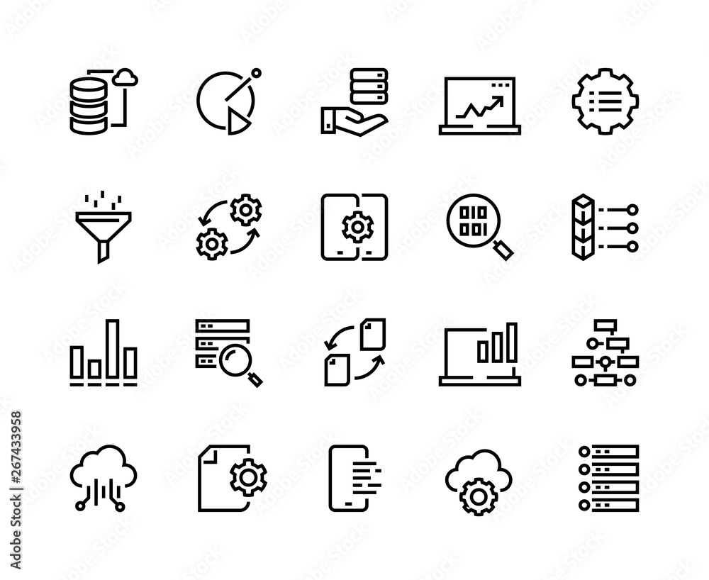 Poster Data analytic line icons. Business technology process digital gear support information network tech. Big data analytics performance chart vector set