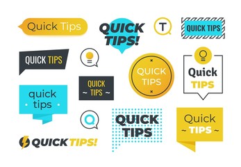 Advice shapes. Quick tips helpful tricks emblems and logos, tip reminder banner design helped information. Vector set of helpful advices badges
