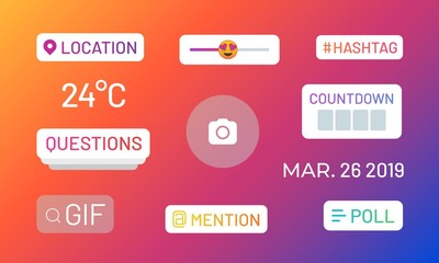 Instagram stories polls. Social media icons and functional stickers, hashtag location mention poll slider. Vector stories popular UI elements