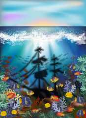 Underwater background with algae, tropical fish and sunken ship, vector illustration