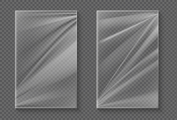 Plastic foil. Transparent cellophane wrap mockup, realistic clear food polyethylene wrapper. Vector product foil sealed container sheet