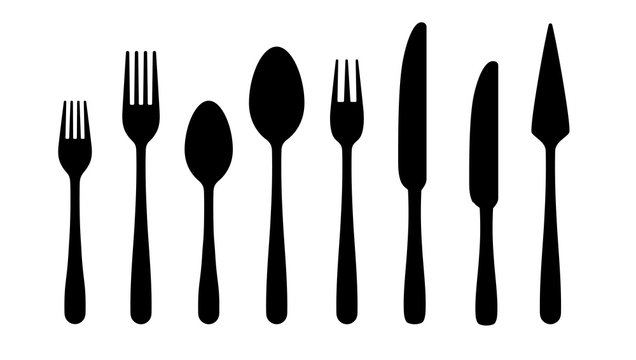 Cutlery silhouettes. Fork spoon knife black icons, silverware silhouettes on white background. Vector cutlery set for serving illustration
