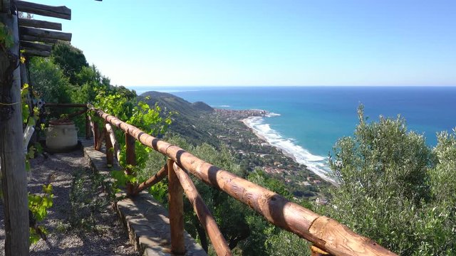 Panoramic view of Acciaroli and the Cilento coastline. Campania, southern Italy.