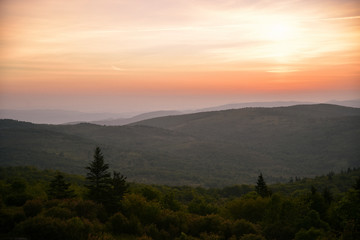 Fototapeta na wymiar Sunrise Landscape View in Grayson Highlands State Park in Jefferson National Forest in Virginia 