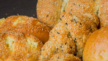 Closeup fresh bread, Traditional homemade bakery closeup