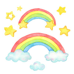 Watercolor rainbow, clouds and star. For design, print or background.
