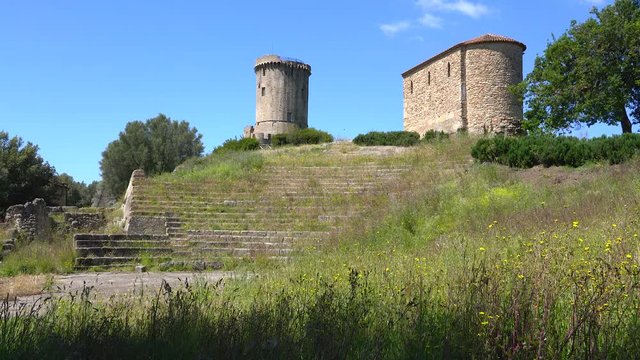 Ruins of the ancient city of Velia with the sea in the background, near Ascea, Cilento, Campania, southern Italy.
