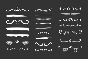 Hand drawn borders, brackets, swirls, dividers set. Vector ink brush elements.