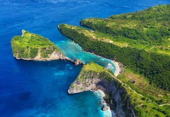 Aerial view at sea and rocks. Turquoise water background from top view. Summer seascape from air. Atuh beach, Nusa Penida, Bali, Indonesia. Travel - image