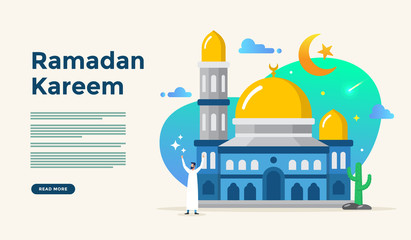 Islamic flat design illustration for happy eid fitr or adha mubarak and ramadan kareem with people character concept for web landing page, banner, social, poster, ad, promotion, book or print media