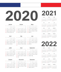 Set of French 2020, 2021, 2022 year vector calendars.