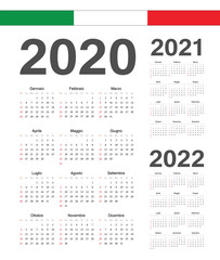 Set of Italian 2020, 2021, 2022 year vector calendars.