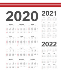 Set of Latvian 2020, 2021, 2022 year vector calendars.