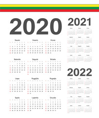 Set of Lithuanian 2020, 2021, 2022 year vector calendars.