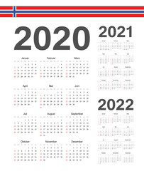 Set of Norwegian 2020, 2021, 2022 year vector calendars.
