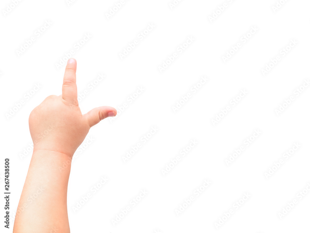 Wall mural child's hand on white background. the child points at something with his index finger. flat lay, top