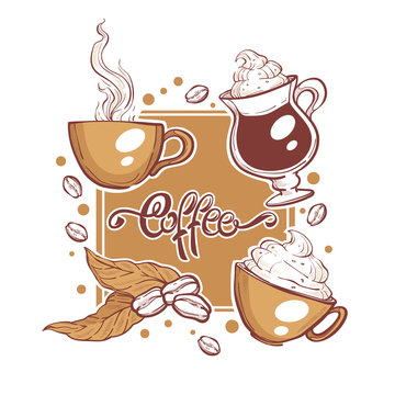vector illustration with images of coffee cups and beans, handdrawn skethces and settering composition
