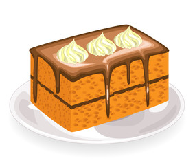 A piece of fresh sweet cake, covered with chocolate icing. Flowers from a creamy cream decorate a delicious confectionery product. Vector illustration