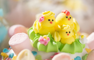 Beautifully decorated traditional Easter cakes on the eve of the celebration of Easter. Closeup photo