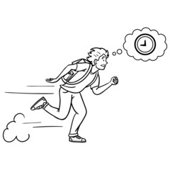 vector drawing of a schoolboy with backpack, hurry up so that does not come too late to school. black and white, cartoon, clock, sleepy, hurry, isolated.