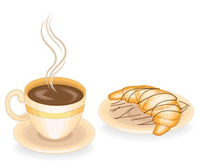 Hot coffee with fresh croissant, classic French cuisine. Delicious food for breakfast, distress and dinner. Vector illustration