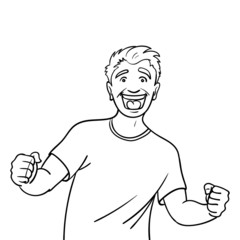 Vector drawing of a man in t shirt who is happy and laughs. joy, hands, enthusiasm, comic, black white, isolated.