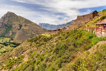 Fototapeta na wymiar Od Incas buildings at archeological Park in Pisaq near Cusco, Peru.