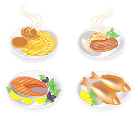 Collection. On a plate of fried cutlets, steak, fish, meat. Garnish potatoes, mushrooms, lemon, greens, parsley of dill and basil. Tasty and nutritious food. Set of vector illustrations.