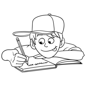 vector comic drawing of a boy with cap learning with enthusiasm and writing in a folder with a pen. black white, isolated.