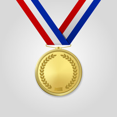 Vector 3d Realistic Gold Award Medal with Color Ribbon Closeup Isolated on White Background. The First Place, Prize. Sport Tournament, Victory Concept