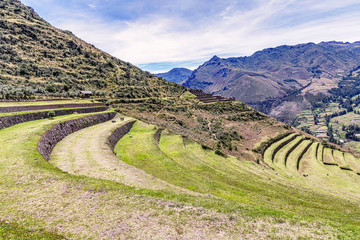 Fototapeta na wymiar Inca plants farming terraces in Pisaq near Cusco in Peru.