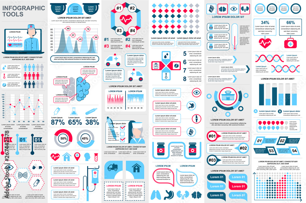 Poster Medical infographic elements data visualization vector design template. Can be used for steps, options, workflow, diagram, flowchart concept, timeline, healthcare icons, research, info graphics.