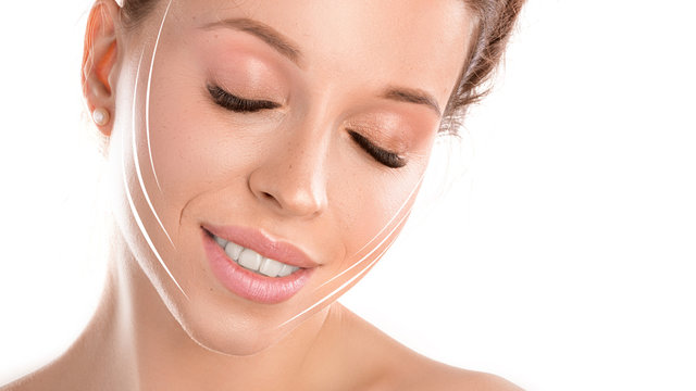 Close up photo of smiling woman with closed eyes and lines on face. Face lifting. Cosmetics procedures concept