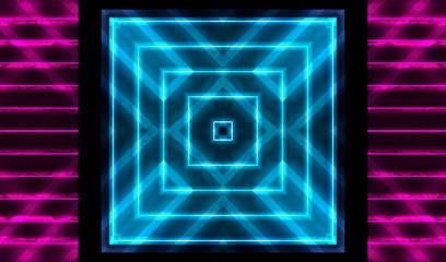 Empty background scene. Dark room, neon blue and pink figures in the dark, smoke. Abstract dark background.