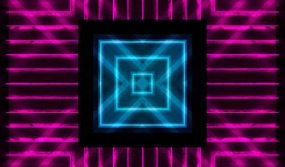 Empty background scene. Dark room, neon blue and pink figures in the dark, smoke. Abstract dark background.