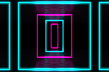 Empty background scene. Dark room, neon blue and pink figures in the dark, smoke. Abstract dark background.