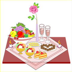 Romantic table set for two lovers. Delicious wine, sweets, sweets, fruits - all for a wonderful mood. Burning candles create a unique atmosphere. Vector illustration