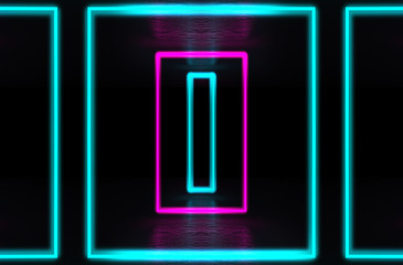 Fototapeta premium Empty background scene. Dark room, neon blue and pink figures in the dark, smoke. Abstract dark background.