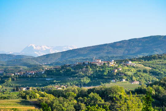 Small village &Scaron;martno in Brda in Slovenia with Julian Alps